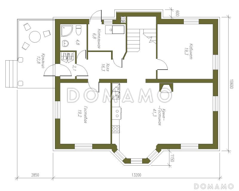 Проект двухэтажного коттеджа с четырехскатной кровлей / План 1 этажа