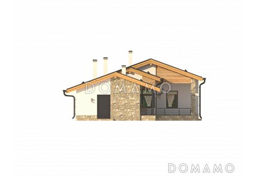 Проект одноэтажного дома с крытой террасой с барбекю, кладовой, хозблоком, гостиной с камином, парной и комнатой отдыха / Фасад 4