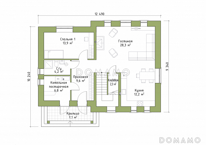 Проект коттеджа с удобной планировкой / План 1 этажа