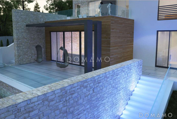 Проект красивого просторного двухэтажного коттеджа из кирпича с бассейном на цокольном этаже