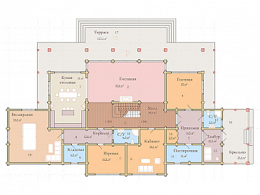 Проект двухэтажного дома из клееного бруса с красивым панорамным остеклением / План 1 этажа