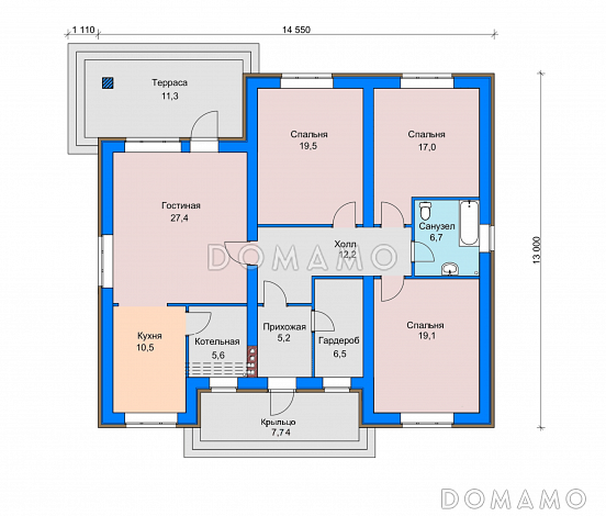 Проект дома с окном в гардеробной, просторной гостиной, террасой, тремя спальнями / План 1 этажа