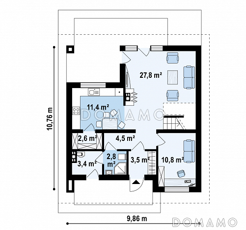 Проект одноэтажного мансардного дома из кирпича с дополнительной спальней на первом этаже / План 1 этажа