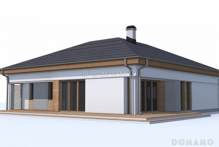 Проект одноэтажного дома из газобетона с дневной зоной в тыльной части дома и выходом на большую террасу