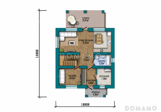 Проект двухэтажного дома с четырьмя спальнями наверху и одной внизу / План 1 этажа