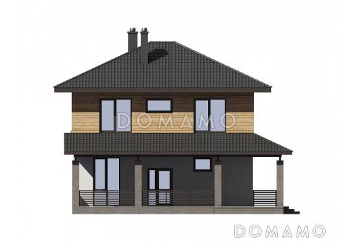 Проект двухэтажного дома из газобетона с пятью комнатами и крытой террасой / Фасад 2