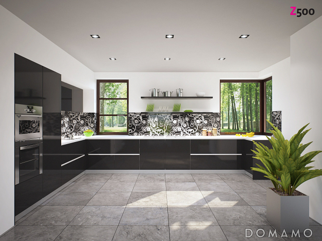 Проект современного двухэтажного дома из газобетона в стиле модерн с пятью спальнями, с гаражом, угловой террасой и балконом над ней