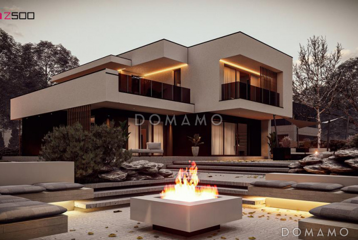 Проект загородного дома с гаражом для автомобиля, кабинетом, террасой на втором этаже