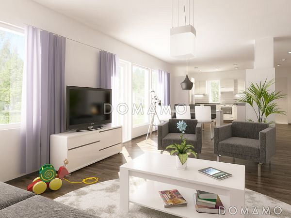 Проект одноэтажного каркасного дома с гостиной совмещенной с кухней