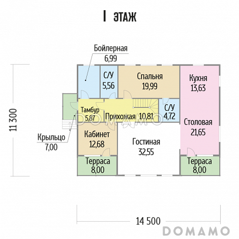 Проект дома из клееного бруса с кабинетом на первом этаже / План 1 этажа