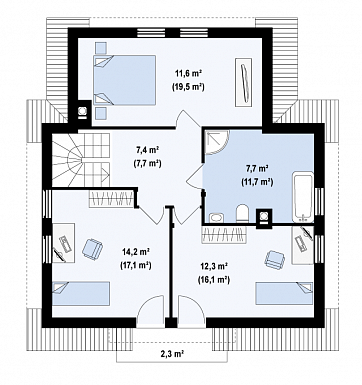Проект одноэтажного мансардного дома из газобетона с балконом над входом / План мансардного этажа
