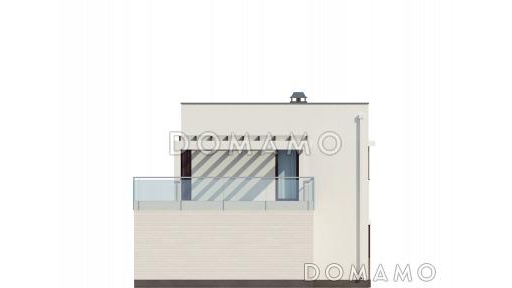 Проект современного двухэтажного дома из газобетона с плоской крышей с кабинетом, гаражом и крытыми террасами на обоих уровнях, адаптированный для сейсмозоны  / Фасад 3