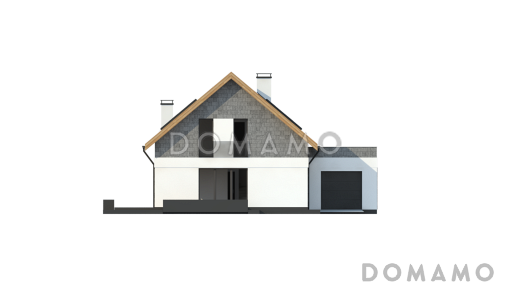 Проект одноэтажного мансардного дома из газобетона с кабинетом, изолированной кухней и гаражом / Фасад 2