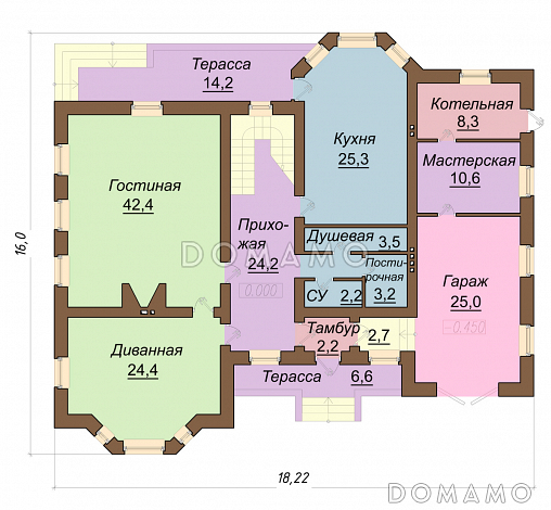 Проект дома с мансардным этажом, пристроенным гаражом и двумя балконами / План 1 этажа