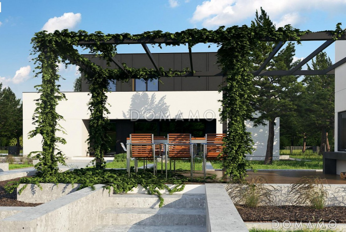 Проект современного двухэтажного дома из газобетона с подземным гаражом и террасой на втором этаже по периметру дома