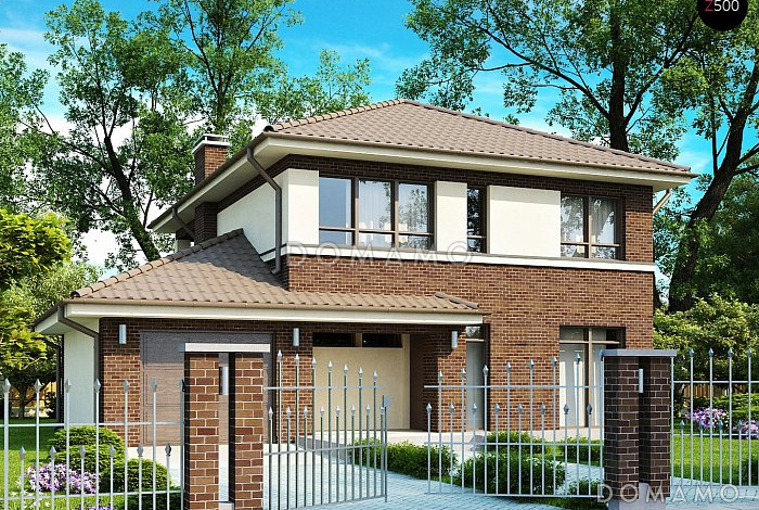 Проект загородного дома с гаражом на один автомобиль, кабинетом, крытой террасой,  балконом