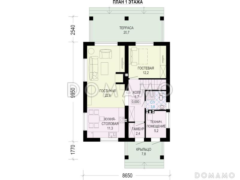 Проект двухэтажного дома с террасой и 4 спальнями / План 1 этажа