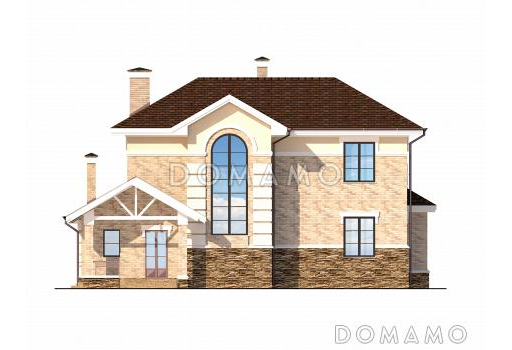 Проект дома с крытой террасой с камином, просторной кухней-столовой, гостиной с камином, сауной на втором этаже / Фасад 1