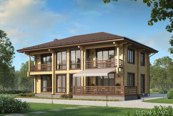 Проект двухэтажного деревянного дома с большой мастер-спальней и двумя лоджиями