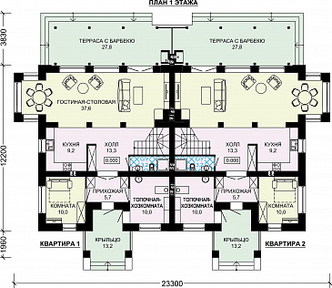 Проект двухэтажного дуплексного дома с крытой террасой / План 1 этажа