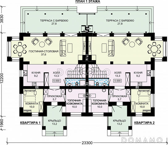 Проект двухэтажного дуплексного дома с крытой террасой / План 1 этажа