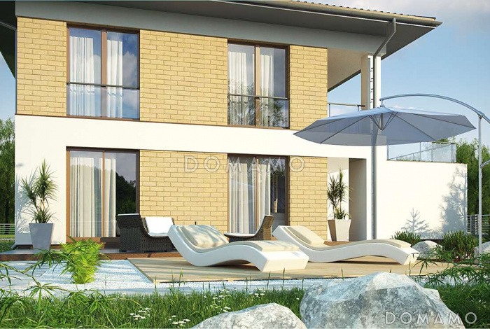 Проект современного двухэтажного дома из кирпича балконом, лоджией и открытой террасой над двухместным гаражом