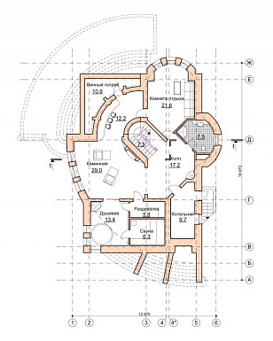 Проект коттеджа с двусветной гостиной и зимним садом / План цокольного этажа