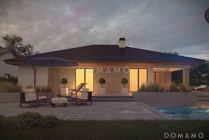 Проект просторного одноэтажного дома из кирпича с большой гостиной, тремя спальнями, кабинетом и гаражом на два автомобиля