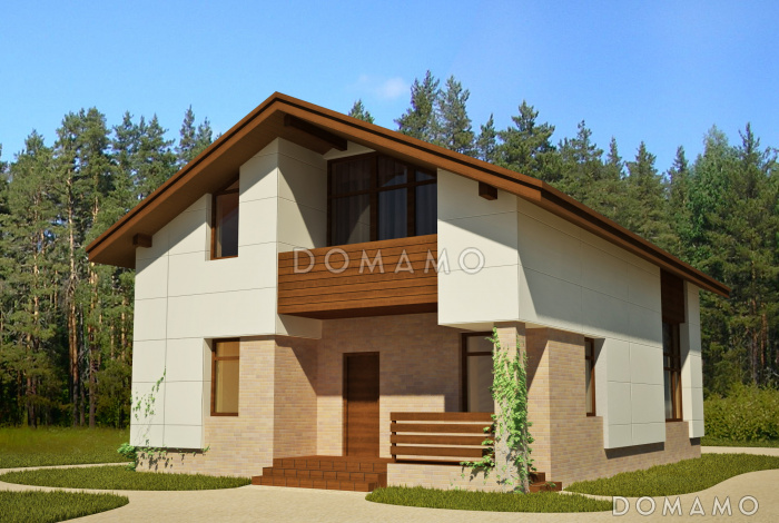 Проект загородного дома из панелей СИП с открытой террасой, небольшой кухонной зоной, вторым светом, балконом и лоджией