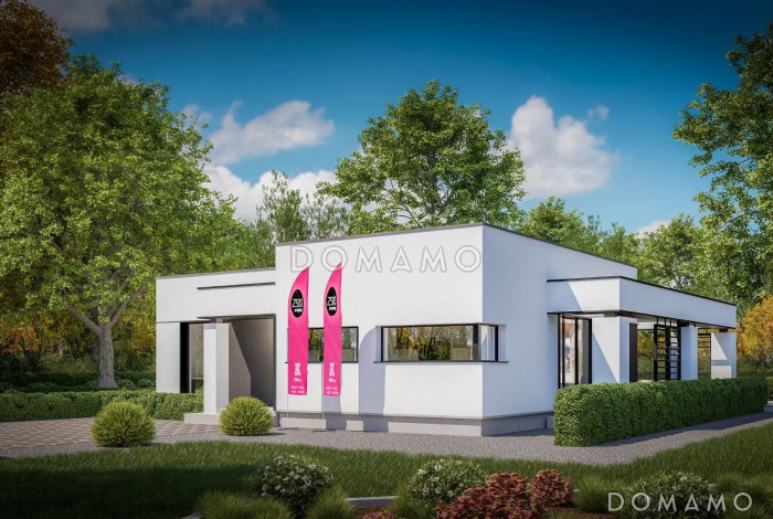 Проект дома из газобетона с террасой, панорамными окнами и плоской крышей
