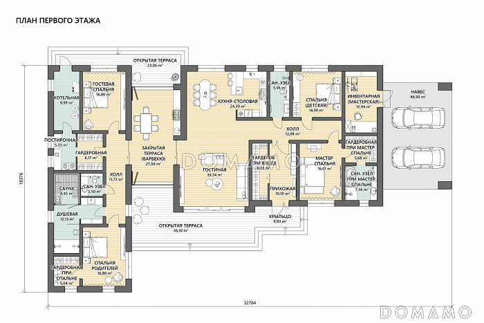 Проект одноэтажного кирпичного дома с четырьмя спальнями, просторной дневной зоной и застекленной террасой с барбекю / План 1 этажа