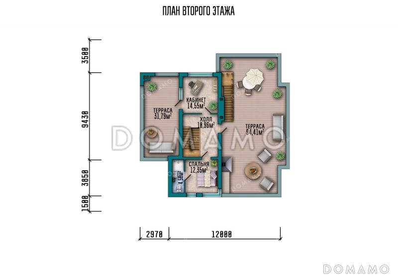 Проект двухэтажной виллы с эксплуатируемой крышей и террасами на втором этаже / План 2 этажа