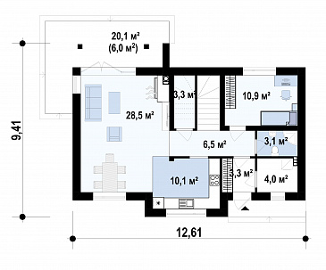 Проект загородного дома с камином в гостиной, террасой, кладовой под лестницей, мансардо / План 1 этажа