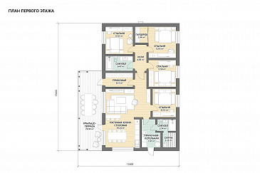 Проект одноэтажного дома с большой террасой, 4 спальнями и сауной / План 1 этажа
