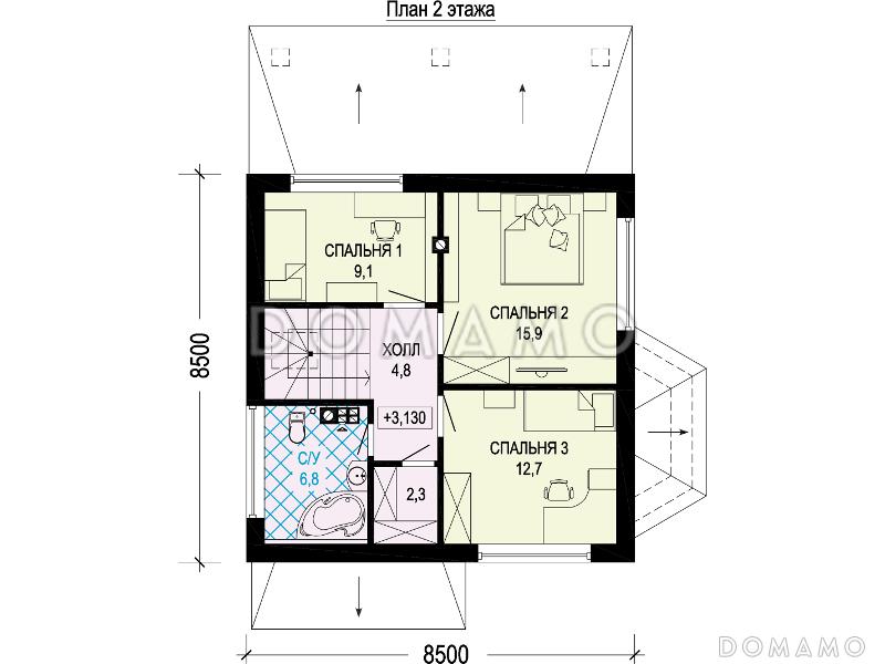 Проект одноэтажного мансардного дома по технологии ЛСТК с тремя спальнями, кабинетом, эркером и крытой террасой / План мансардного этажа