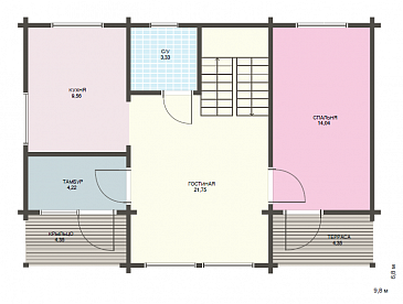 Проект уютного дома из клееного бруса с двумя просторными спальнями на мансардном этаже / План 1 этажа