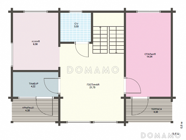 Проект уютного дома из клееного бруса с двумя просторными спальнями на мансардном этаже / План 1 этажа