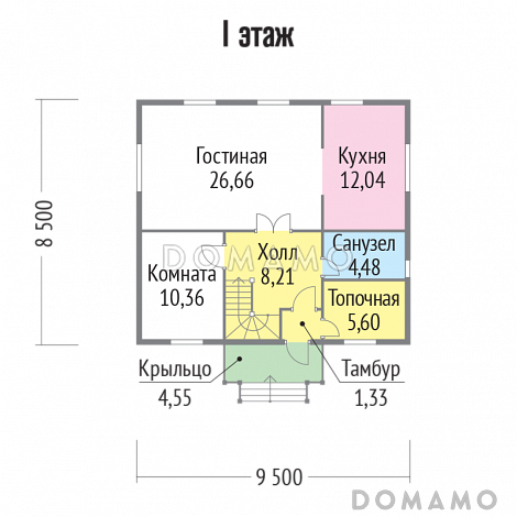 Проект каркасного дома с многоскатной крышей / План 1 этажа
