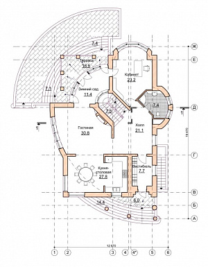 Проект коттеджа с двусветной гостиной и зимним садом / План 1 этажа