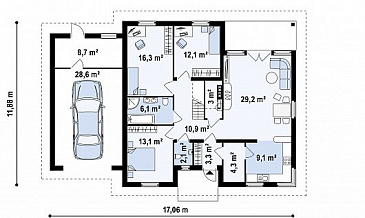 Проект большого одноэтажного мансардного дома из кирпича с тремя спальнями на каждом этаже и гаражом / План 1 этажа