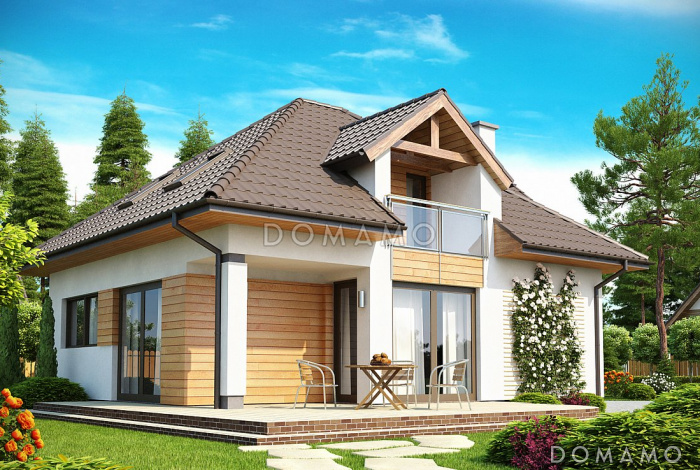 Проект небольшого одноэтажного мансардного дома из газобетона с балконами на фронтоне и частично крытой террасой  