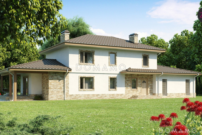 Проект красивого просторного двухэтажного коттеджа из газобетона с крытой террасой и гаражом