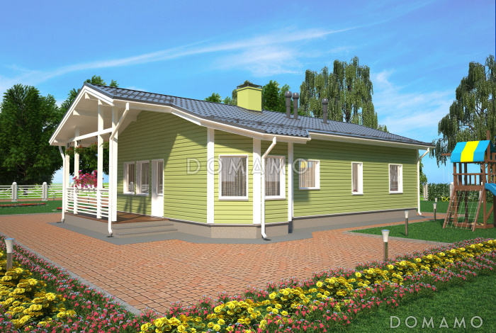 Проект одноэтажного каркасного дома с эркером и небольшой крытой террасой