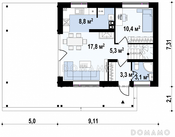 Проект компактного одноэтажного мансардного дома из кирпича с дополнительной спальней на первом этаже и большой крытой террасой / План 1 этажа