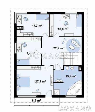 Проект большого двухэтажного дома из газобетона с цокольным этажом и подземным гаражом / План 2 этажа