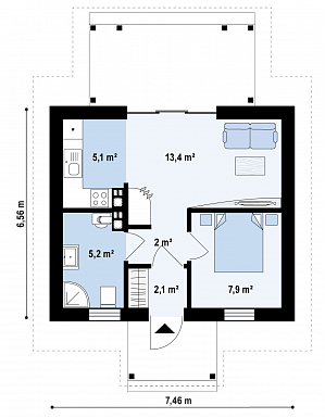Проект небольшого уютного одноэтажного гостевого дома из кирпича / План 1 этажа