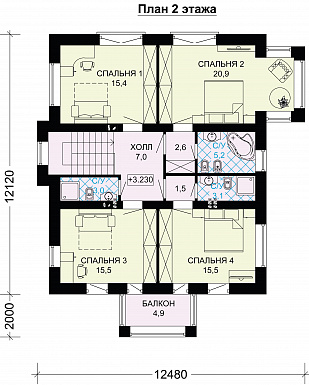 Проект кирпичного дома с французскими балконами / План 2 этажа