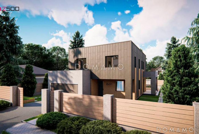 Проект двухэтажного дома с гаражом, входом на кухню из гостиной и прихожей, кладовой, санузлом под лестницей