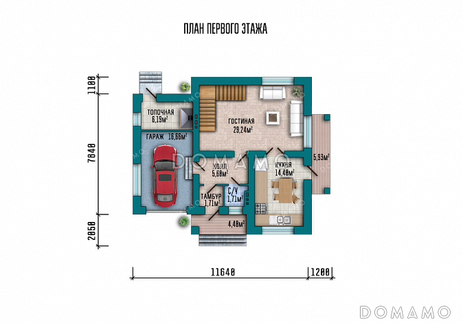 Проект дома с гаражом, четырьмя спальнями, террасой и балконом / План 1 этажа