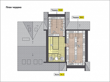 Проект загородного дома с эркером, с гаражом на две машины, двумя большими балконами и террасами / План мансардного этажа